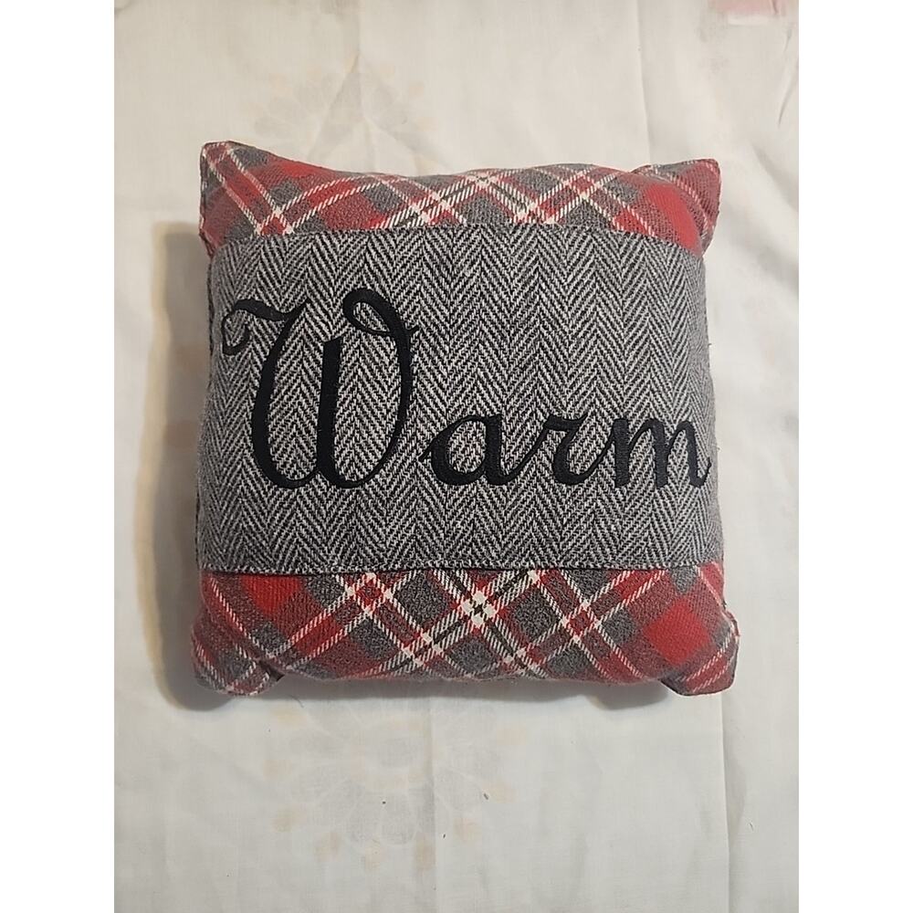 Throw Pillow Square Red Grey Flannel Design "Warm" Christmas Fall 11"x11"x5"